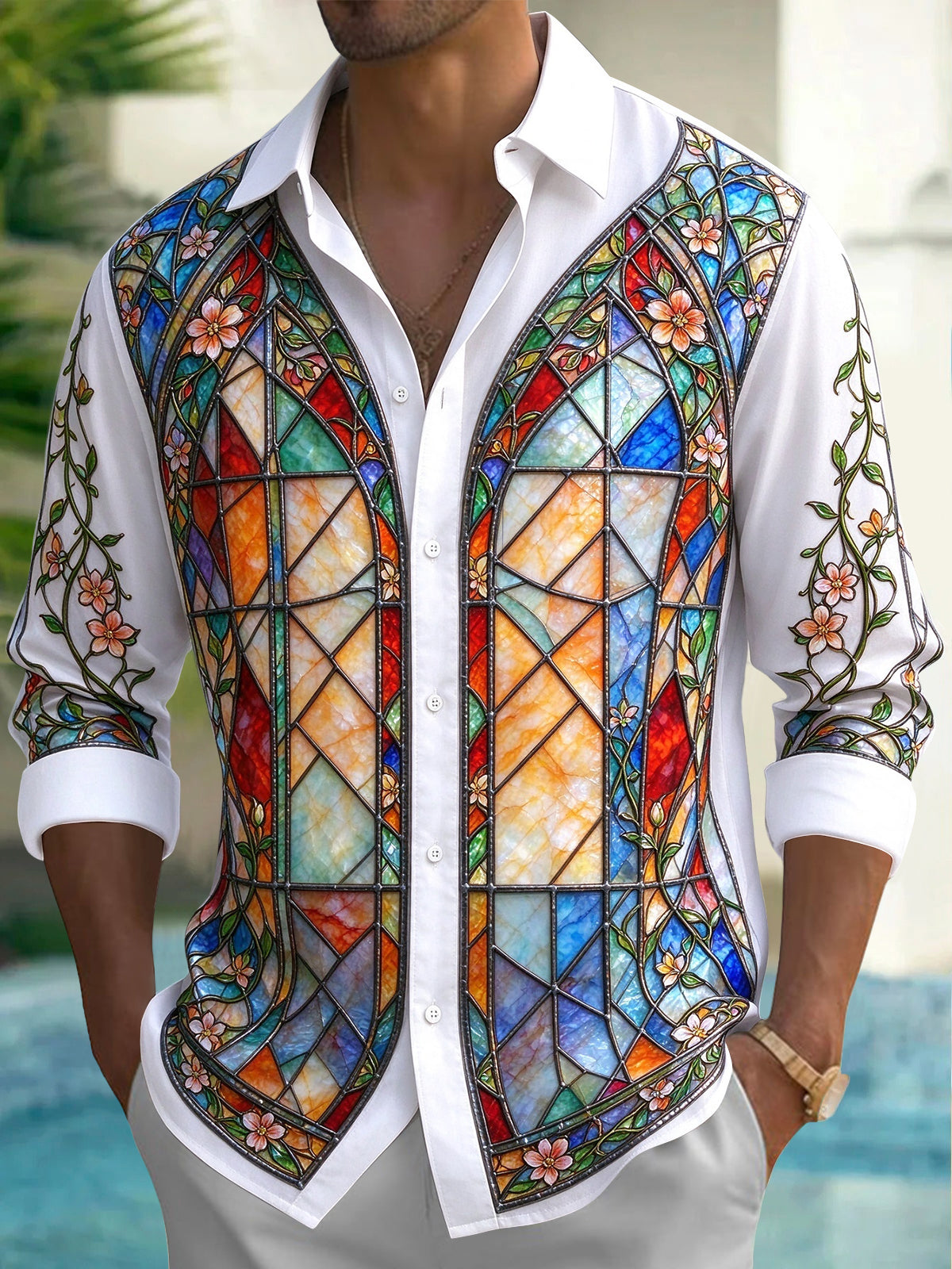 Adaychic Men's Stained Glass Window With Floral Vines Print Long Sleeve Shirt with Chest Pocket