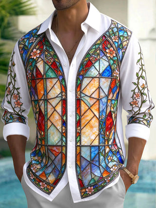 Adaychic Men's Stained Glass Window With Floral Vines Print Long Sleeve Shirt with Chest Pocket