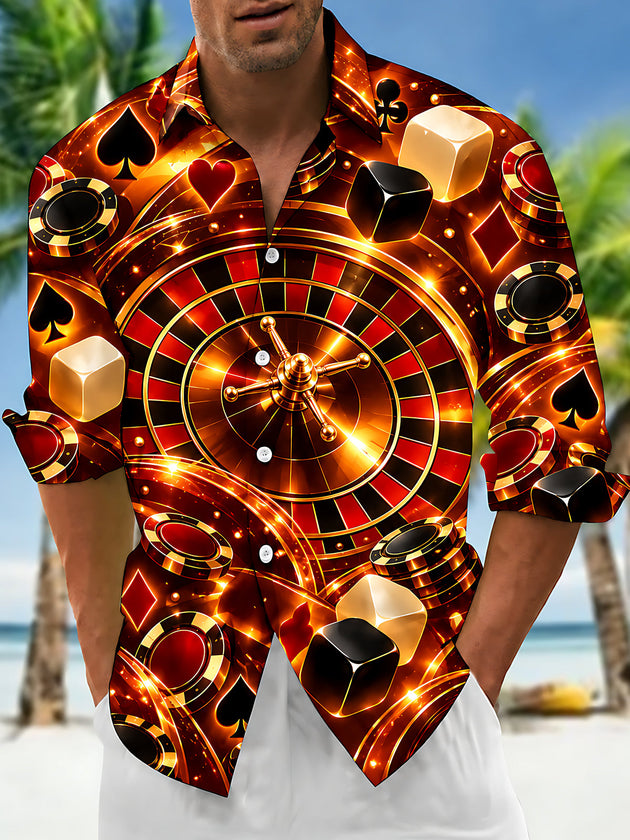 Adaychic Men's Roulette Wheel And Casino Elements Print Long Sleeve Shirt with Chest Pocket
