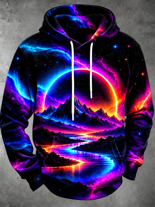 Adaychic Men's Long Sleeve Hoodie - Neon Retro Mountain Landscape With Space Sun Print