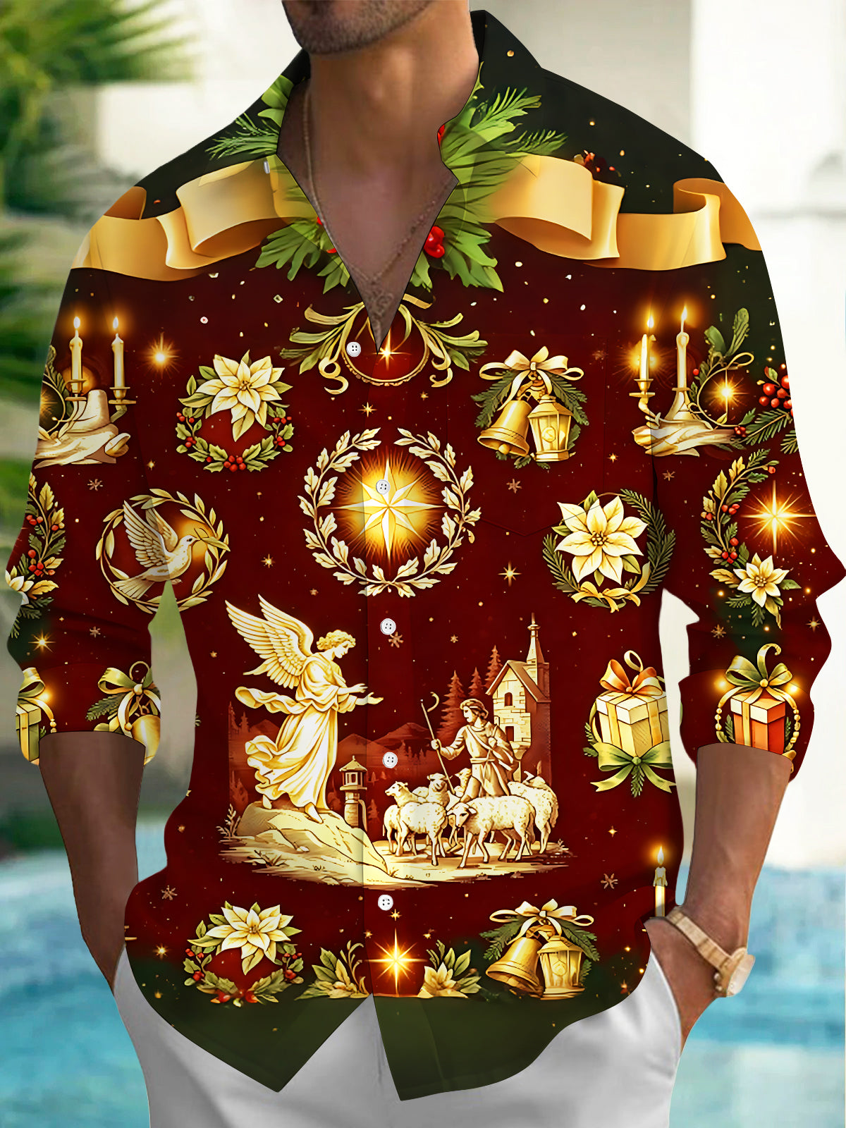 Adaychic Men's Long Sleeve Shirt - Christmas Nativity Scene With Angel And Shepherd Print with Chest Pocket