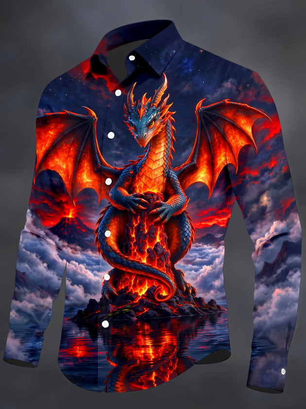 Adaychic Men's Graphic Dragon And Volcano Lava Print Long Sleeve Shirt with Chest Pocket