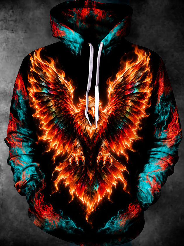Adaychic Men's Graphic Fire Eagle With Wings Print Long Sleeve Hoodie