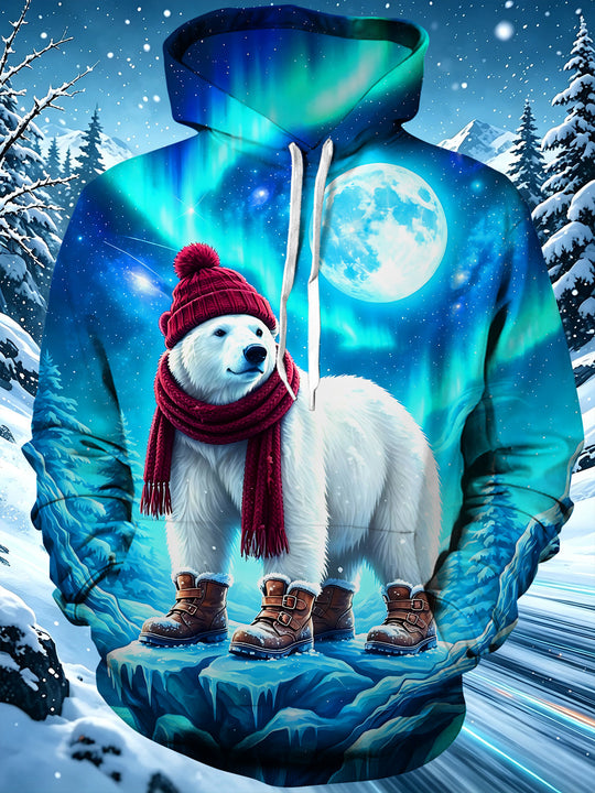 Adaychic Men's Polar Bear With Winter Accessories Print Long Sleeve Hoodie