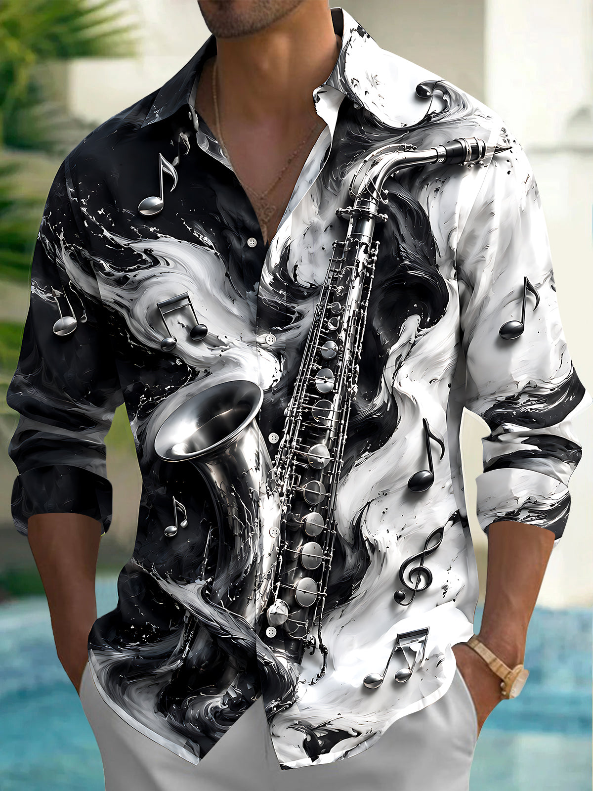 Adaychic Men's Graphic Saxophone And Musical Notes Print Long Sleeve Shirt with Chest Pocket