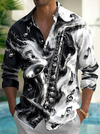 Adaychic Men's Graphic Saxophone And Musical Notes Print Long Sleeve Shirt with Chest Pocket