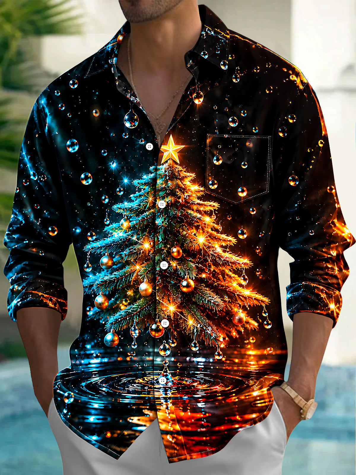 Adaychic Men's Christmas Tree With Ornaments And Star Print Long Sleeve Shirt with Chest Pocket
