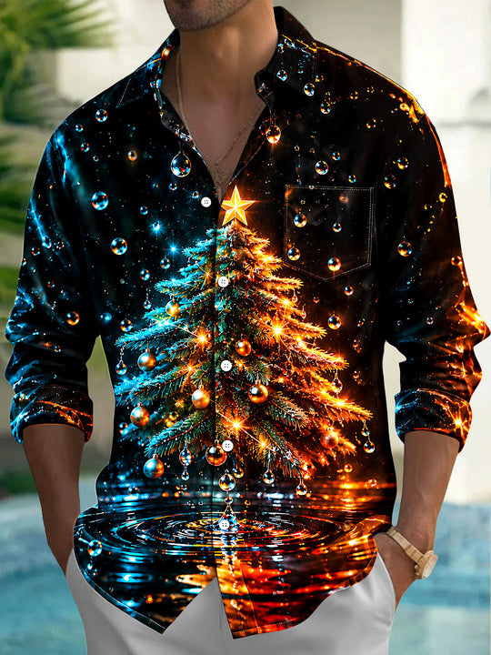 Adaychic Men's Christmas Tree With Ornaments And Star Print Long Sleeve Shirt with Chest Pocket