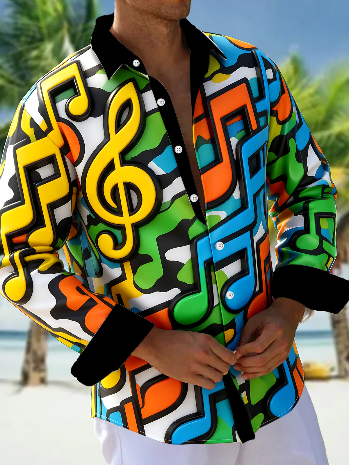 Adaychic Men's Graphic 3D Musical Notes And Treble Clef Print Long Sleeve Shirt with Chest Pocket