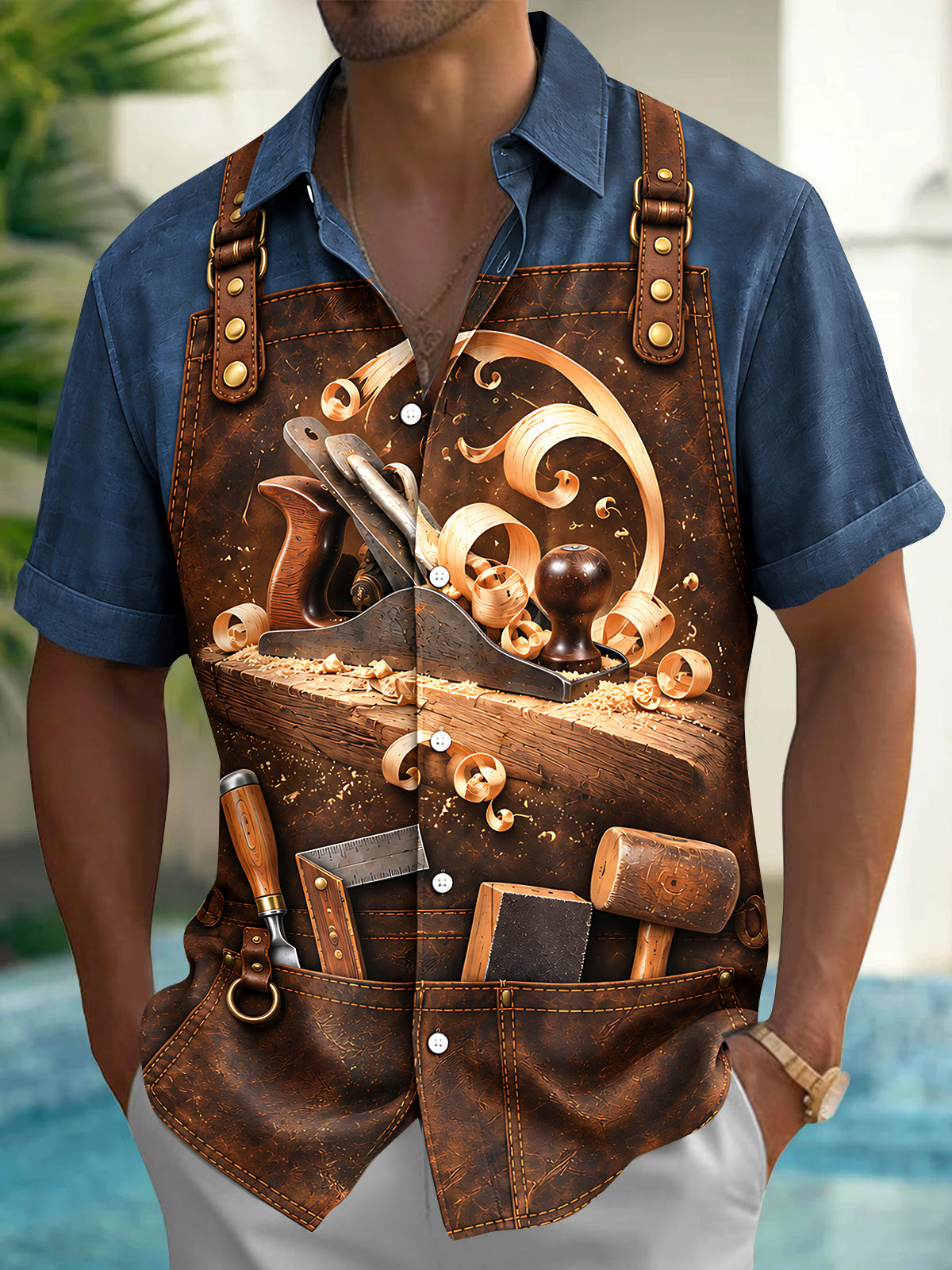 Adaychic Men's Short Sleeve Shirt - Woodworking Tools And Wood Shavings On Leather Apron Print with Chest Pocket