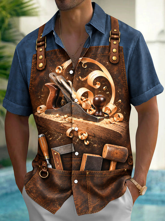 Adaychic Men's Short Sleeve Shirt - Woodworking Tools And Wood Shavings On Leather Apron Print with Chest Pocket