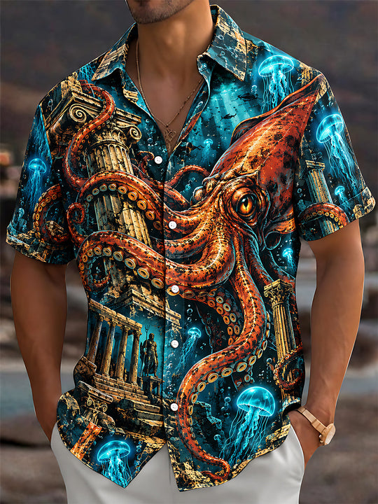 Adaychic Men's Hawaiian Octopus And Ancient Ruins Print Short Sleeve Shirt with Chest Pocket