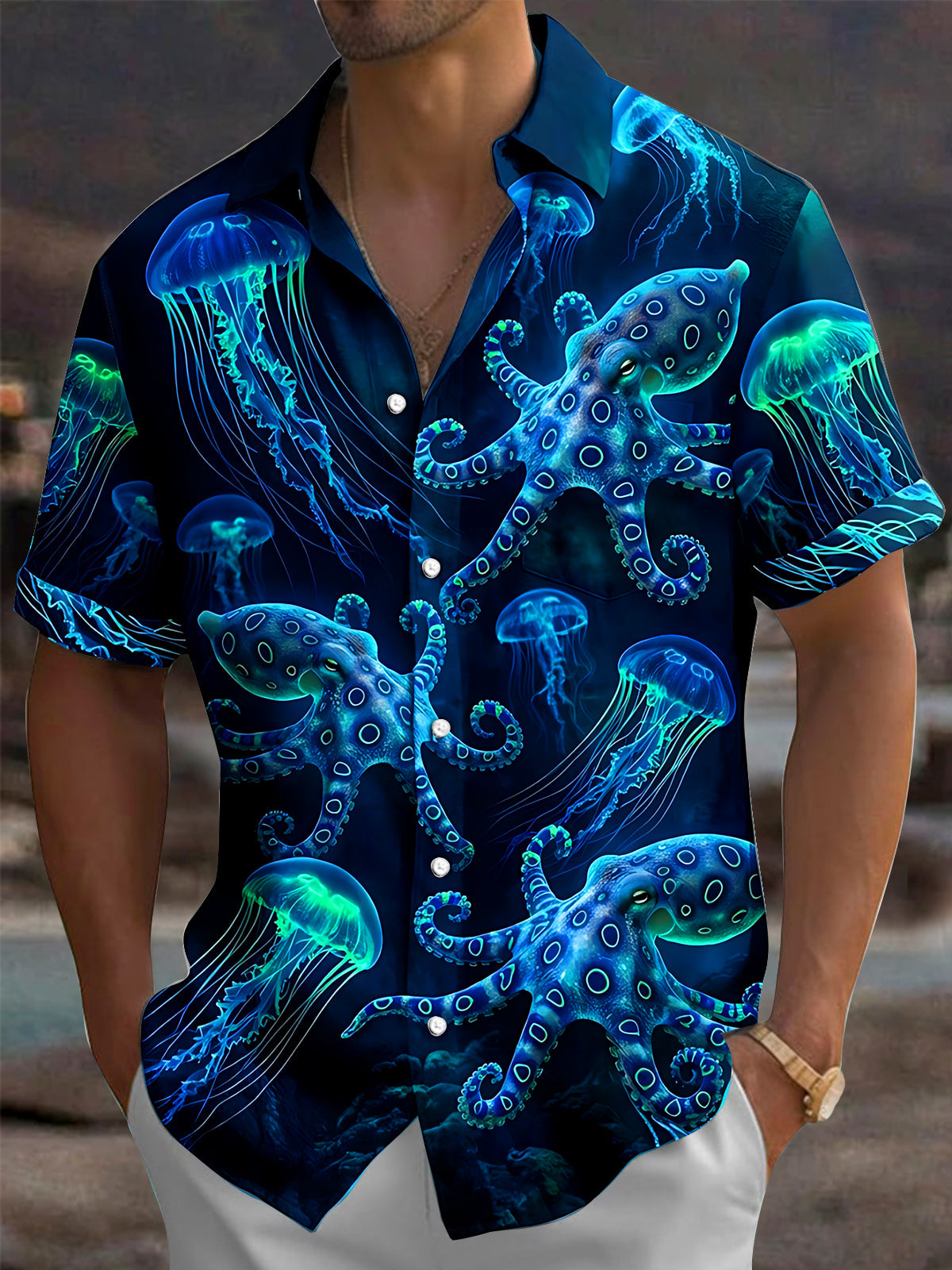 Adaychic Men's Hawaiian Neon Jellyfish Print Octopus Print Short Sleeve Shirt