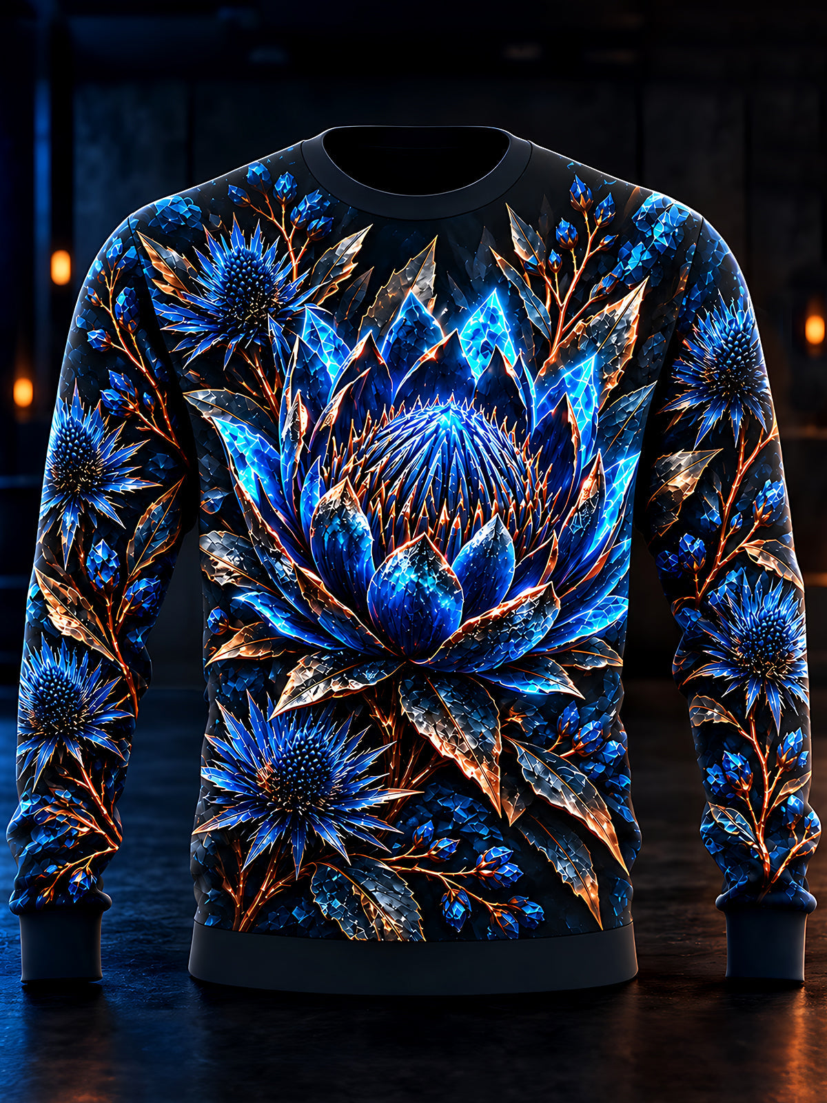 Adaychic Men's Printed Crystal Blue Floral Pattern Long Sleeve Sweatshirt