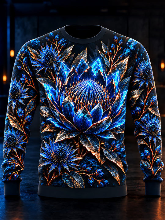 Adaychic Men's Printed Crystal Blue Floral Pattern Long Sleeve Sweatshirt