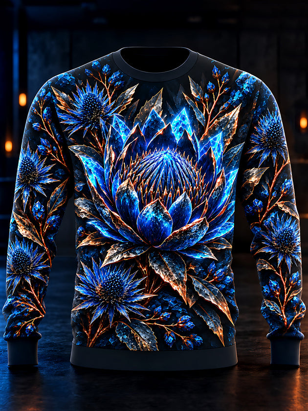 Adaychic Men's Printed Crystal Blue Floral Pattern Long Sleeve Sweatshirt