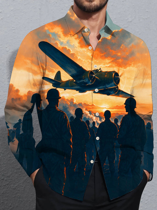 Adaychic Men's Vintage Warplane And Soldier Silhouettes Print Long Sleeve Shirt with Chest Pocket