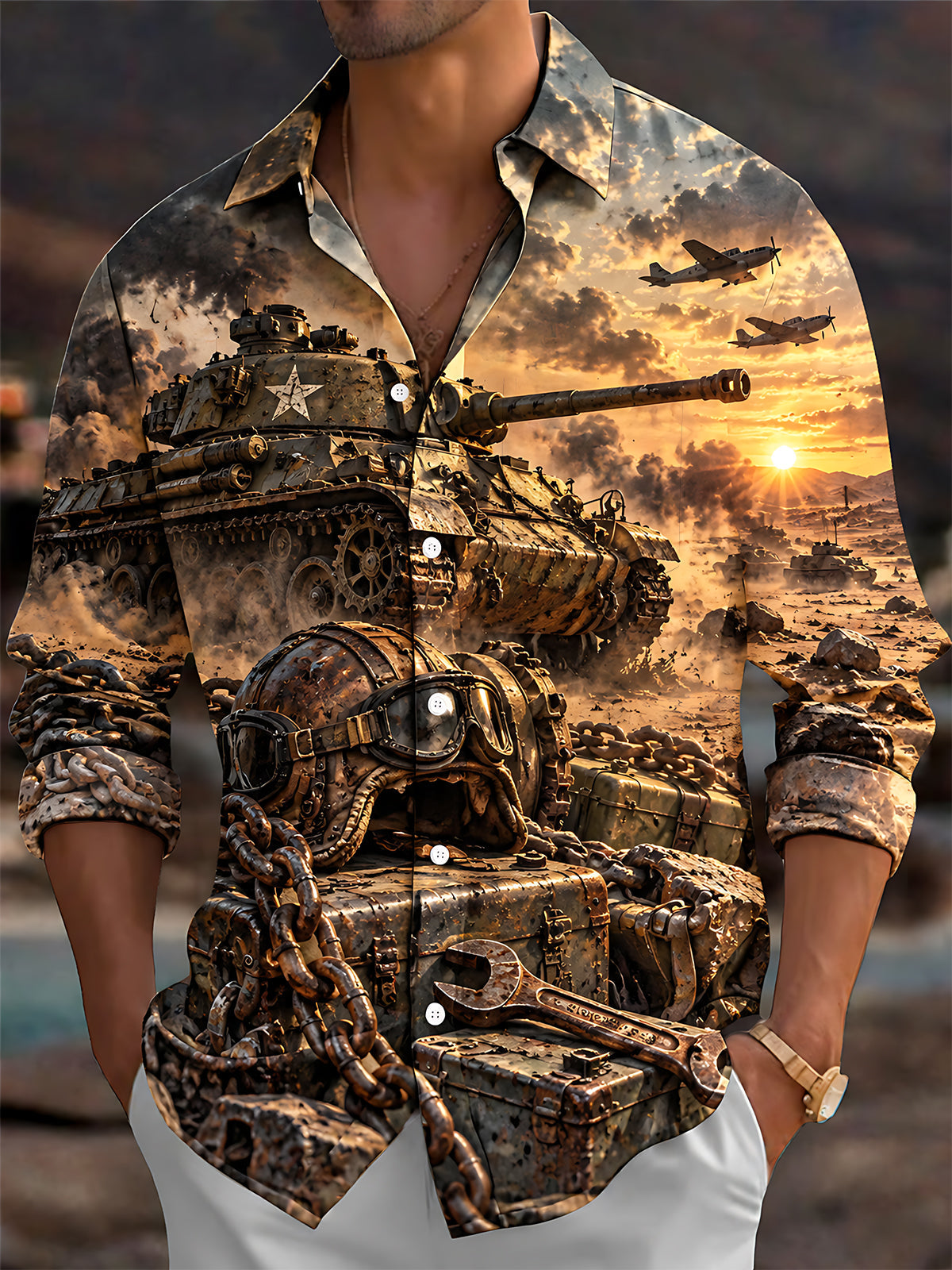 Adaychic Men's Graphic Military Tank And Aircraft Print Short Sleeve Shirt with Chest Pocket