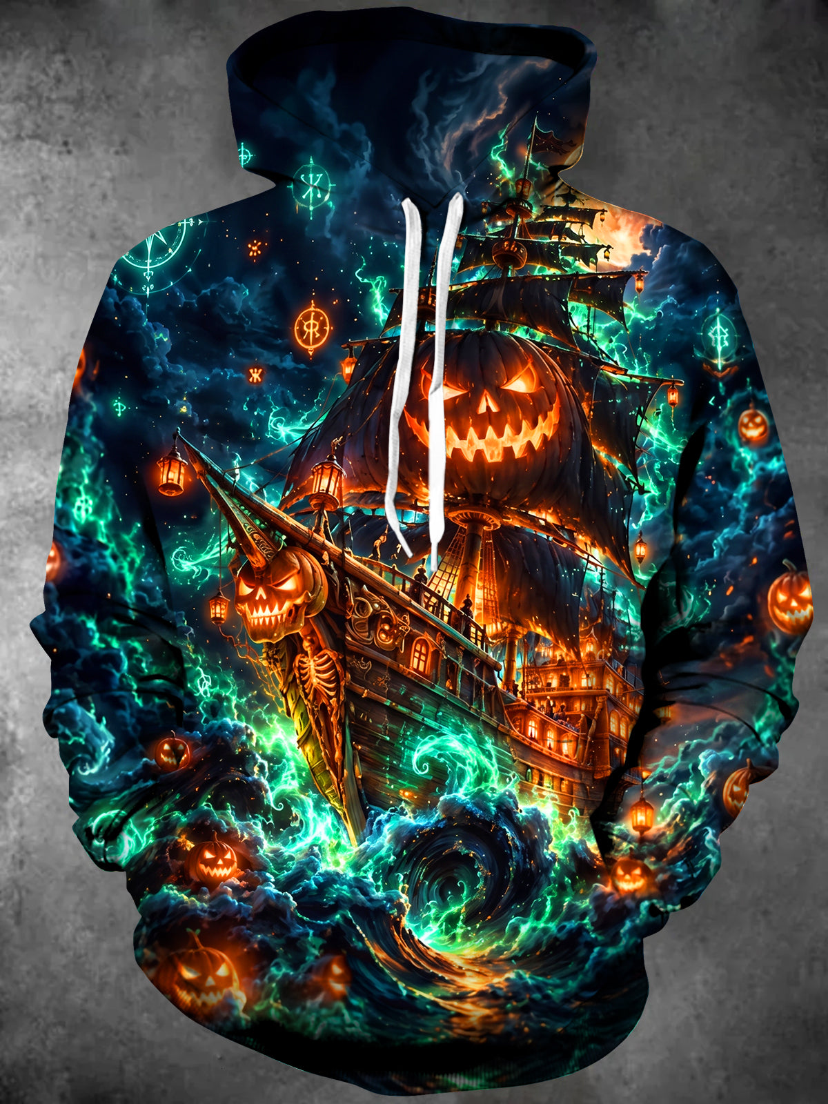 Adaychic Men's Long Sleeve Hoodie - Halloween Ghost Ship With Jack-o-lanterns Print