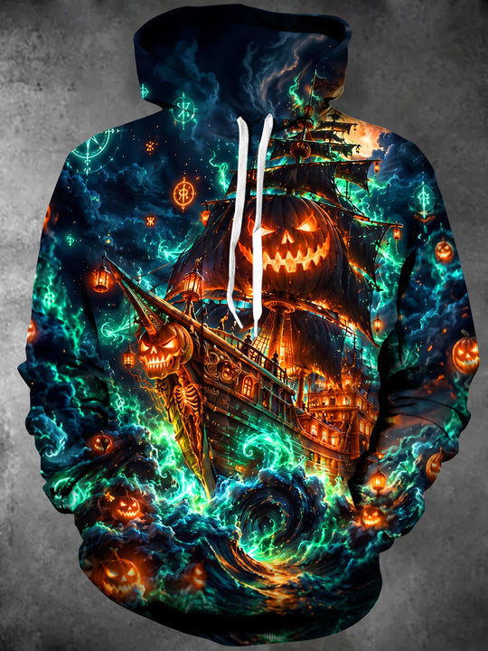 Adaychic Men's Long Sleeve Hoodie - Halloween Ghost Ship With Jack-o-lanterns Print