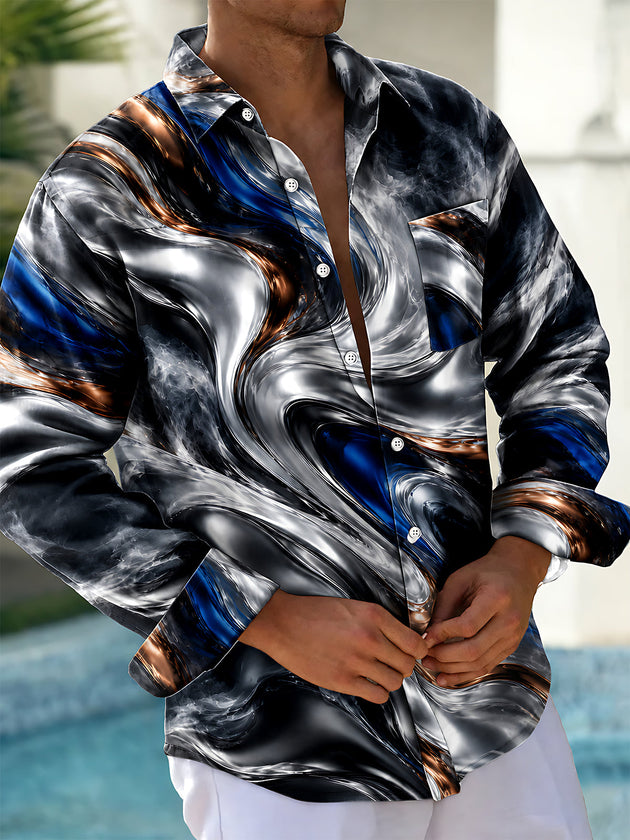 Adaychic Men's Abstract Swirling Metallic And Blue Pattern Long Sleeve Shirt with Chest Pocket