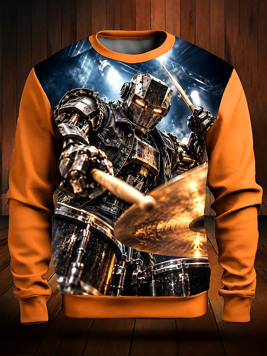 Adaychic Men's Graphic Robot Drum Kit Print Long Sleeve Sweatshirt