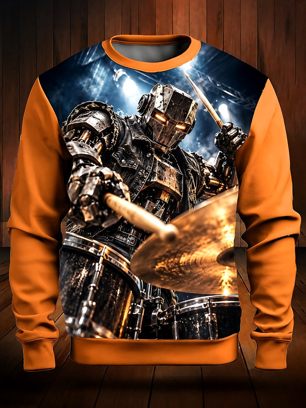 Adaychic Men's Graphic Robot Drum Kit Print Long Sleeve Sweatshirt