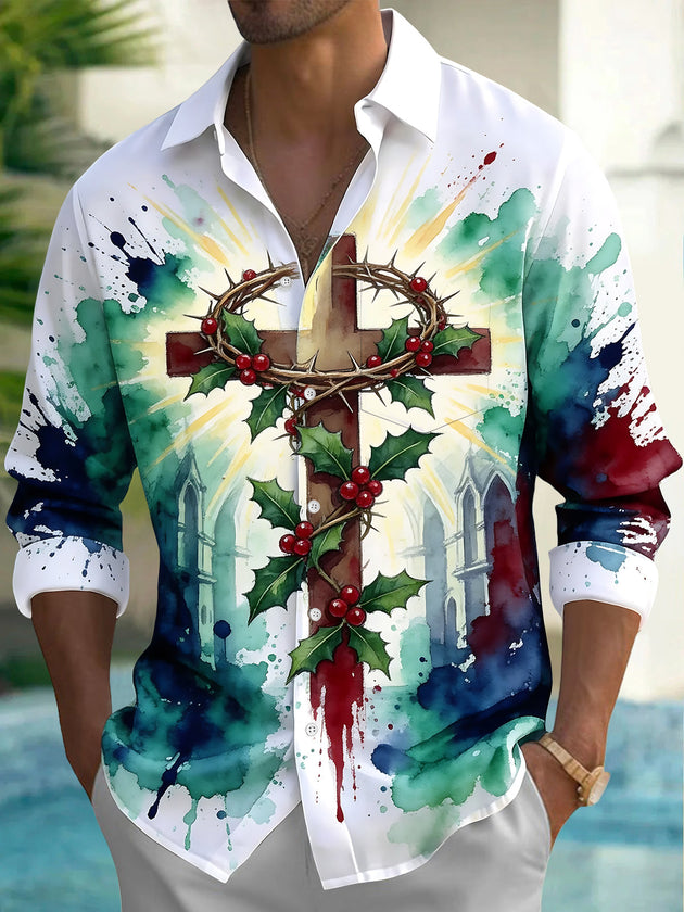Adaychic Men's Long Sleeve Shirt - Christmas Religious Cross With Crown Of Thorns And Holly Print with Chest Pocket