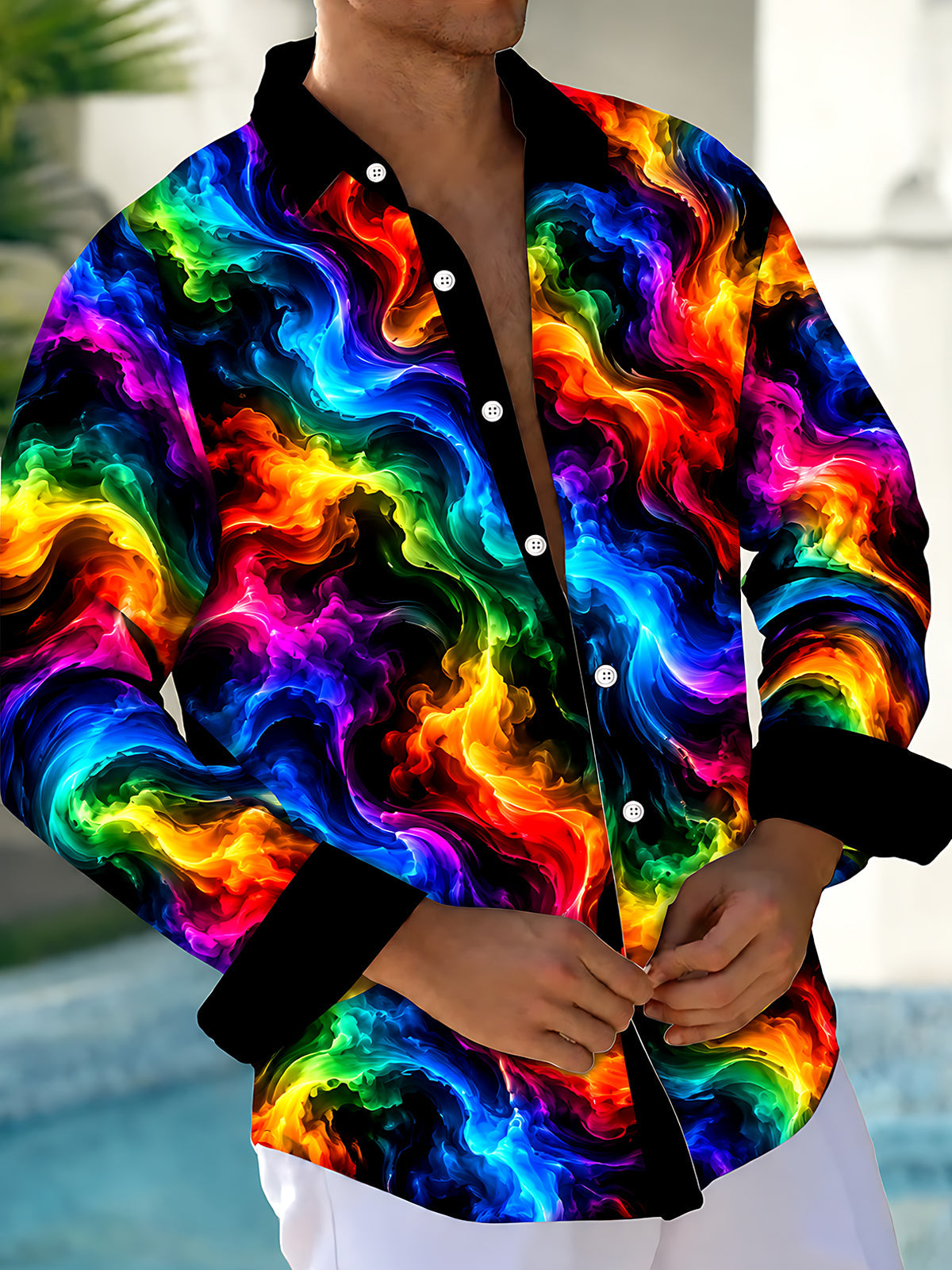 Adaychic Men's Tie Dye Neon Abstract Swirls Print Long Sleeve Shirt with Chest Pocket