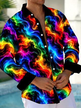 Adaychic Men's Tie Dye Neon Abstract Swirls Print Long Sleeve Shirt with Chest Pocket