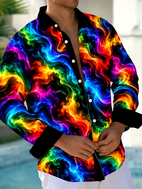 Adaychic Men's Tie Dye Neon Abstract Swirls Print Long Sleeve Shirt with Chest Pocket