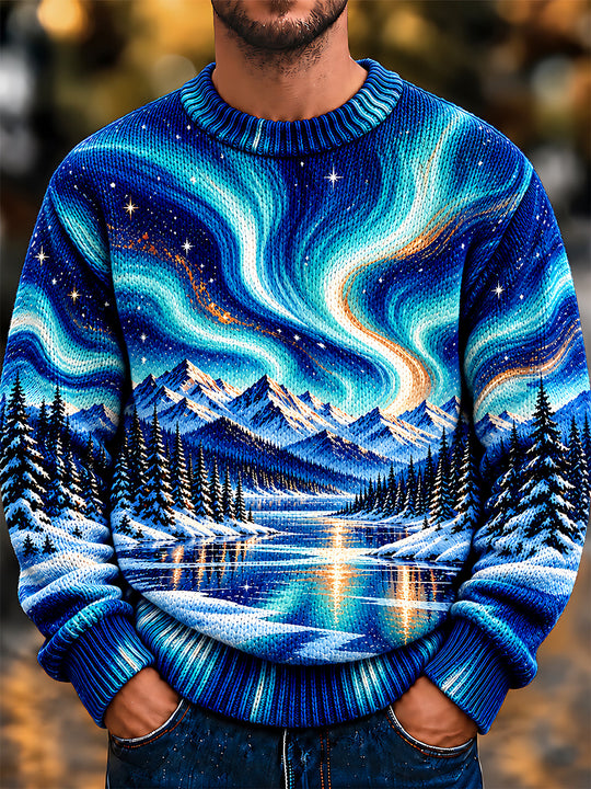 Adaychic Men's Aurora Borealis And Starry Night Sky Print Long Sleeve Sweater