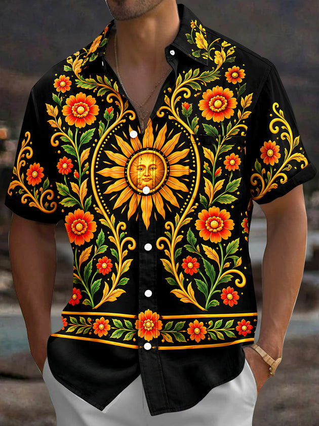 Adaychic Men's Hawaiian Sun With Face And Floral Vines Print Short Sleeve Shirt with Chest Pocket