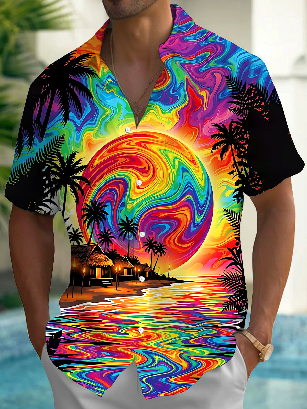 Adaychic Men's Short Sleeve Shirt - Psychedelic Rainbow Sunset With Palm Trees And Beach Huts Print with Chest Pocket