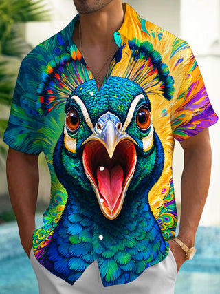 Adaychic Men's Hawaiian Colorful Peacock Head Print Short Sleeve Shirt with Chest Pocket