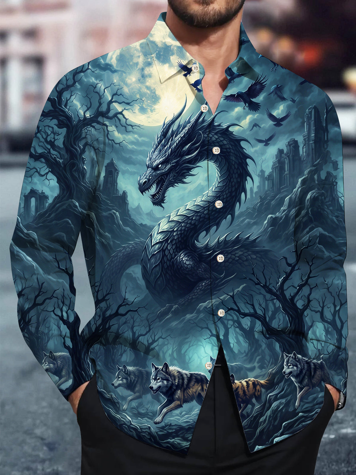 Adaychic Men's Dragon And Wolves In A Moonlit Forest Print Long Sleeve Shirt with Chest Pocket