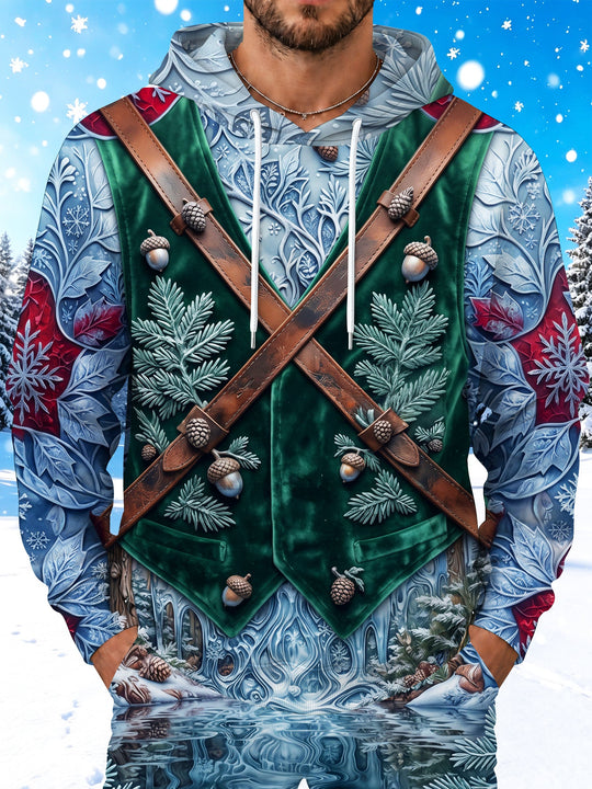 Adaychic Men's Long Sleeve Hoodie - Winter Forest Elf Vest With Acorns And Pine Branches Print