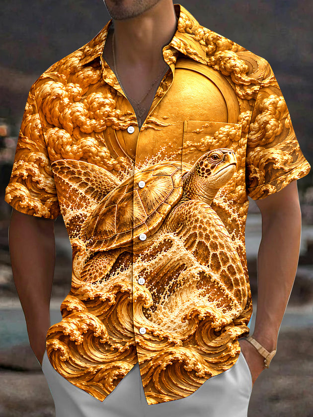 Adaychic Men's Hawaiian Sea Turtle And Ocean Waves Print Short Sleeve Shirt with Chest Pocket