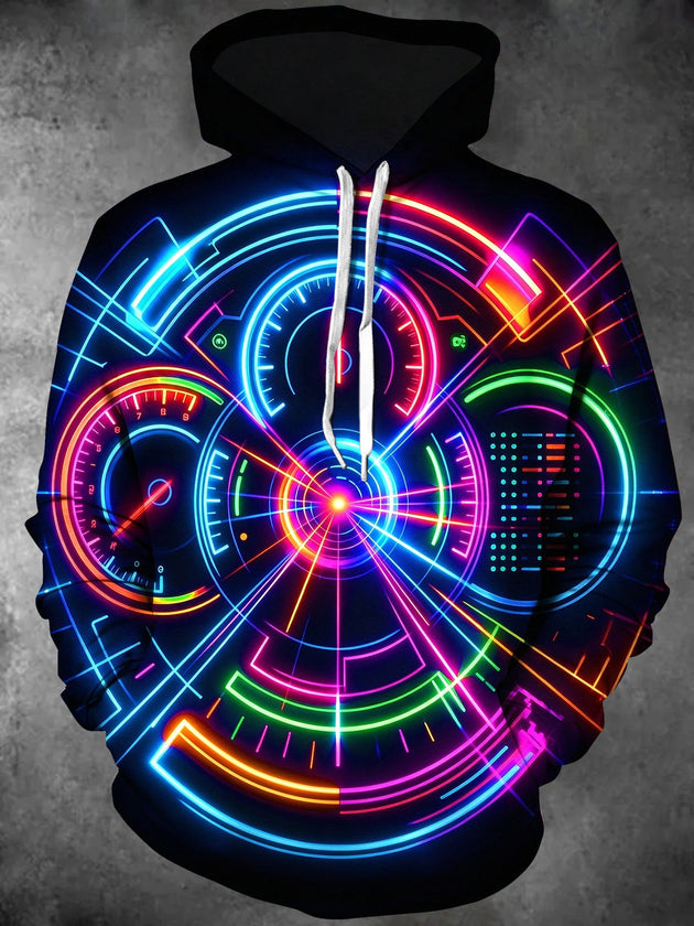 Adaychic Men's Graphic Neon Cyber Dashboard Gauges Print Long Sleeve Hoodie