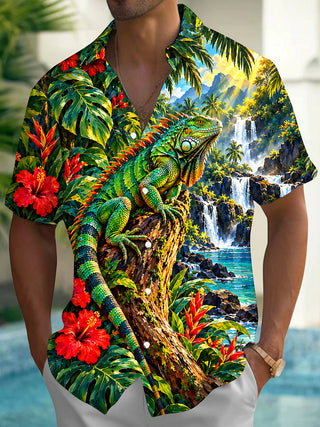 Adaychic Men's Hawaiian Green Iguana On Tree Trunk Print Short Sleeve Shirt with Chest Pocket