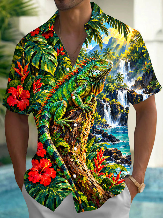 Adaychic Men's Hawaiian Green Iguana On Tree Trunk Print Short Sleeve Shirt with Chest Pocket