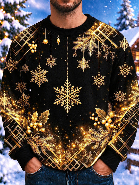 Adaychic Men's Long Sleeve Crew Neck Sweater - Christmas Gold Snowflakes And Pine Branches Print
