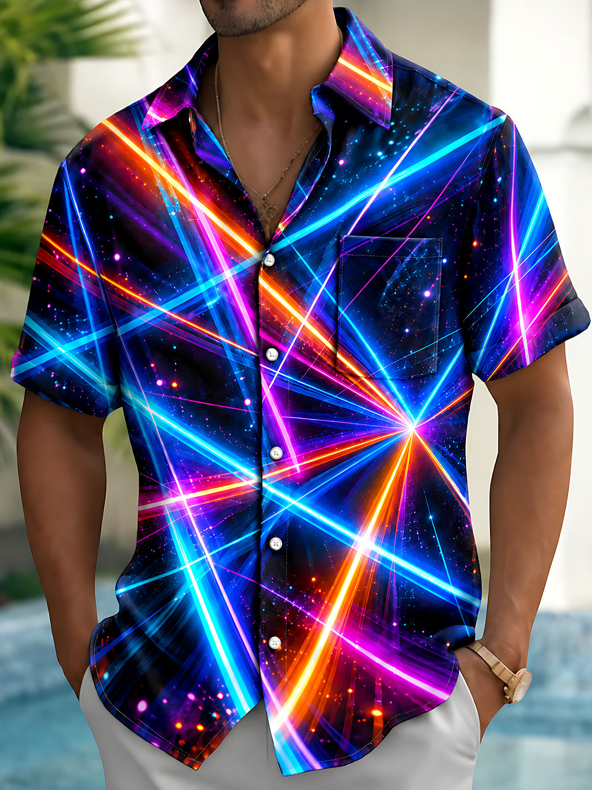 Adaychic Men's Neon Geometric Light Rays And Stars Print Short Sleeve Shirt with Chest Pocket