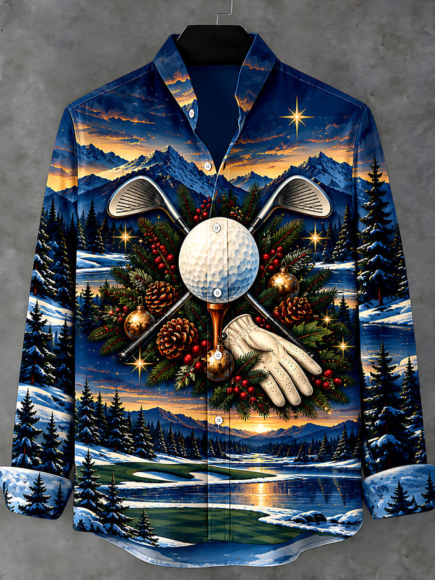 Adaychic Men's Long Sleeve Stand Collar Shirt - Golf Equipment And Christmas Ornaments Print