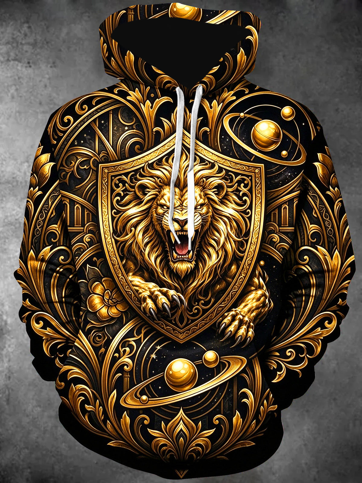Adaychic Men's Long Sleeve Hoodie - Gold Lion In Shield With Baroque Patterns And Planets Print