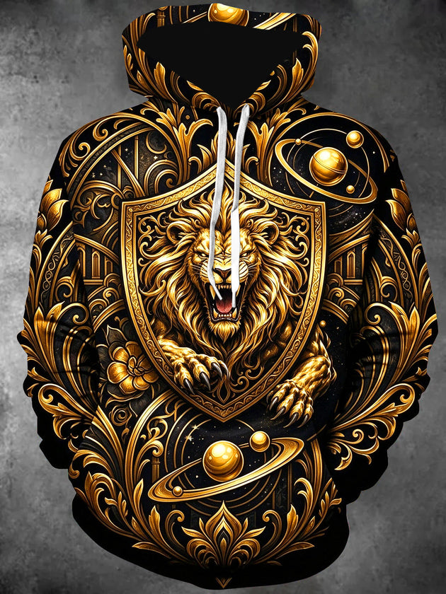 Adaychic Men's Long Sleeve Hoodie - Gold Lion In Shield With Baroque Patterns And Planets Print