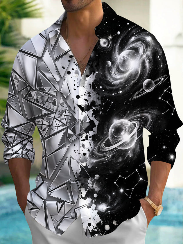 Adaychic Men's Cosmic Space Planets And Constellations Print Long Sleeve Shirt with Chest Pocket