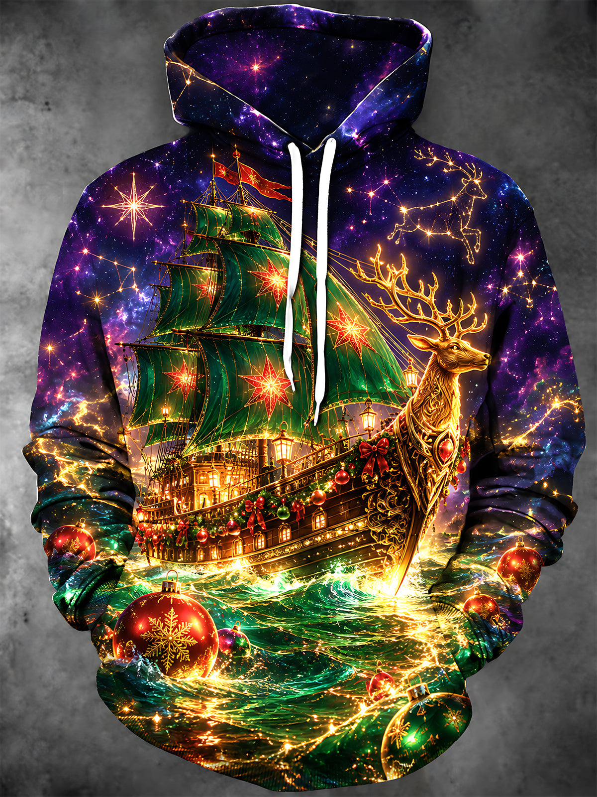 Adaychic Men's Graphic Christmas Starship And Reindeer Print Long Sleeve Hoodie