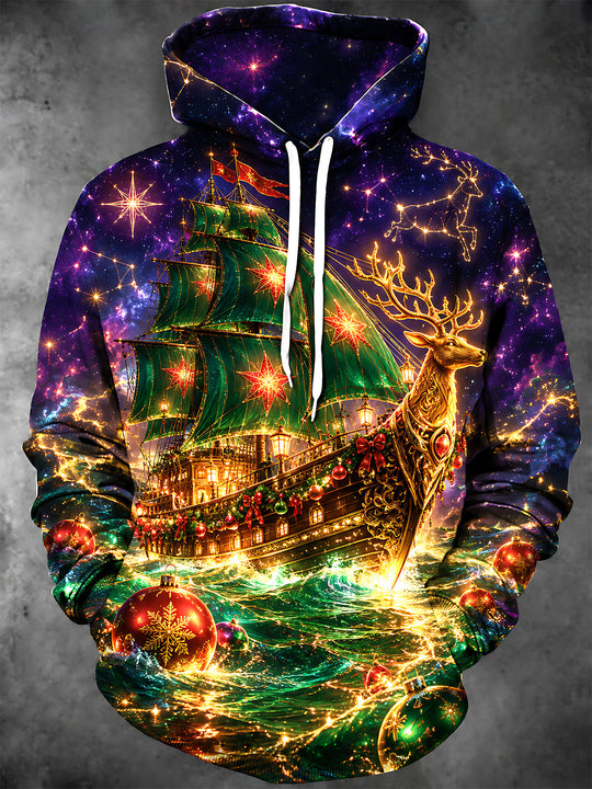 Adaychic Men's Graphic Christmas Starship And Reindeer Print Long Sleeve Hoodie