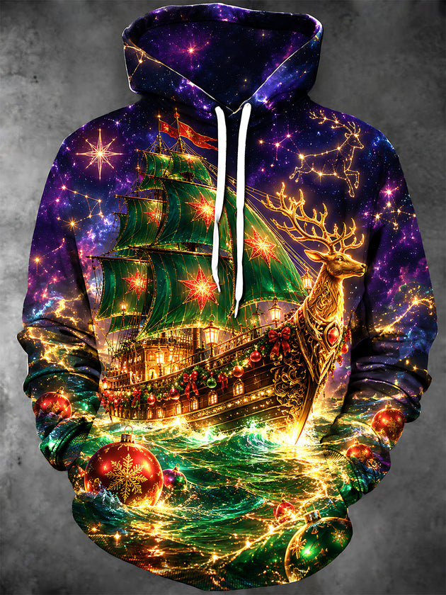 Adaychic Men's Graphic Christmas Starship And Reindeer Print Long Sleeve Hoodie